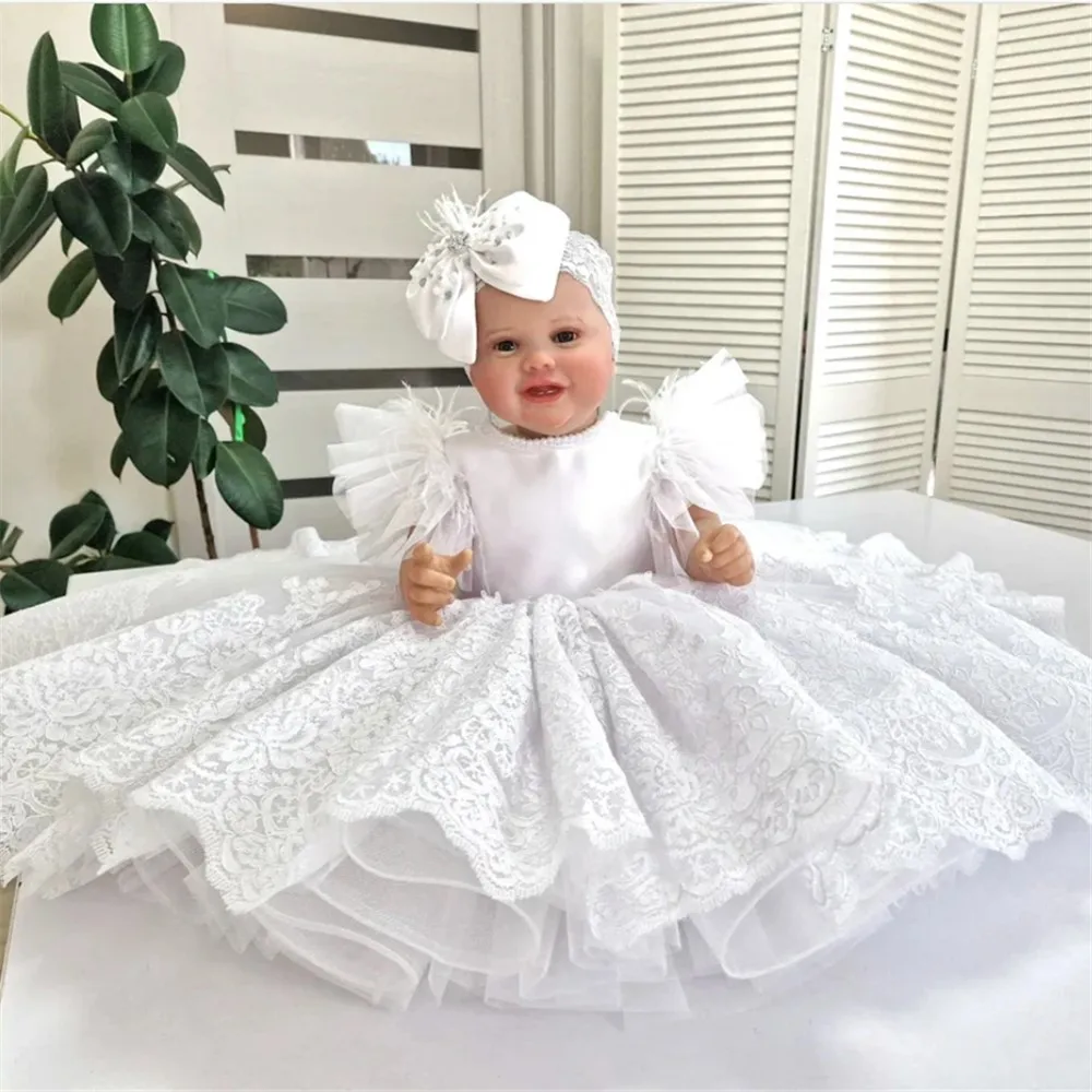 

Baby Toddler Christening Flower Girl Wedding Dress Lace Feathers Bow Kids Birthday Prom Party Dress First Communion Gown