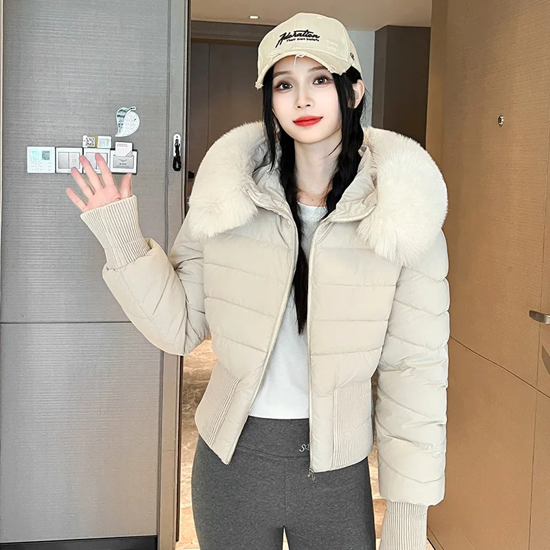 

Зимняя женская парка на пуху из искусственного лисьего меха 202, короткое пальто с капюшоном, теплая куртка-пуховик, женская уличная верхняя одежда с хлопковой подкладкой Y2k