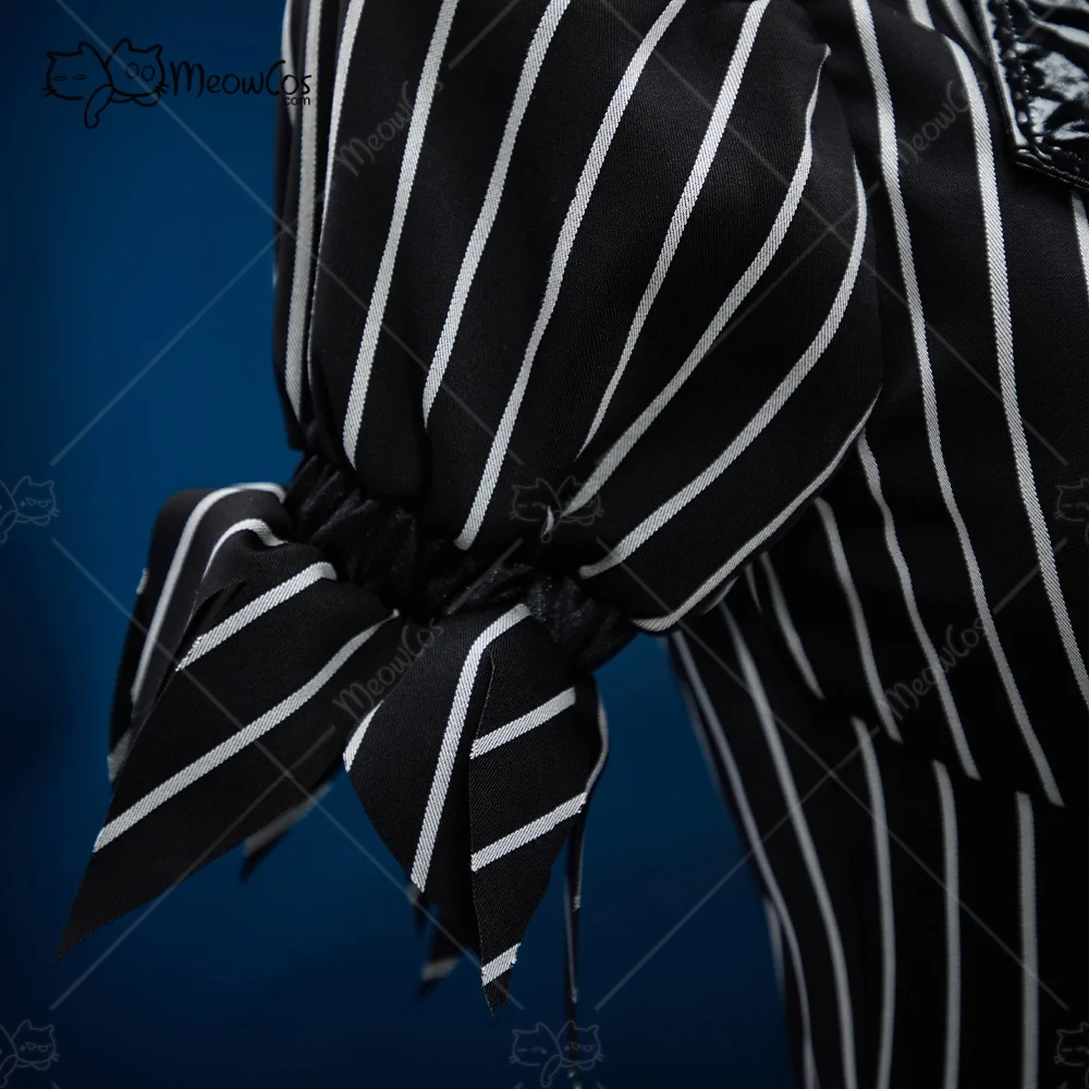 US Stock MEOWCOS Women's Halloween Sexy Bunny Girl Suit Black White Striped Irregular Bodysuit with Sleeves and Socks Costume view 4
