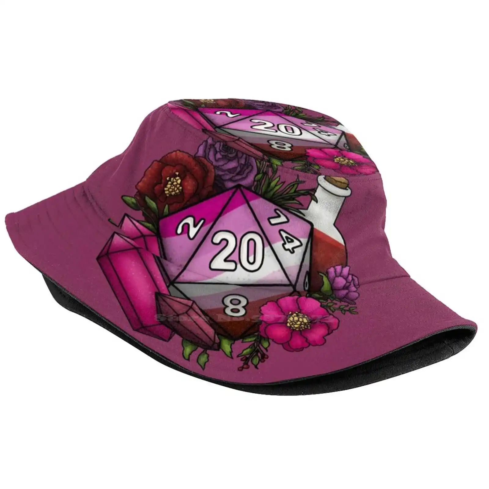 Pride Lesbian D20 Tabletop Rpg Gaming Dice Bucket Hat Beach Tourism Hats Breathable Sun Cap D20 Dnd And Dice Feminine Games