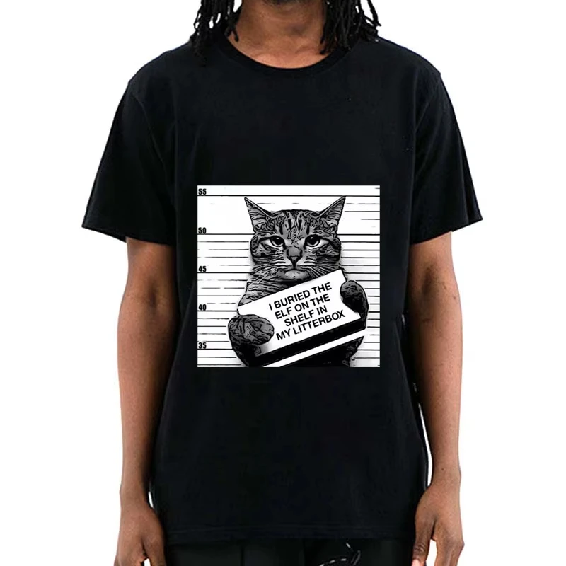 HOT SALE Funny Crime Cat Print Casual O Collar Loose Men T Shirt Summer Humor Unisex Short Sleeve Casual Creative Streetwear Top