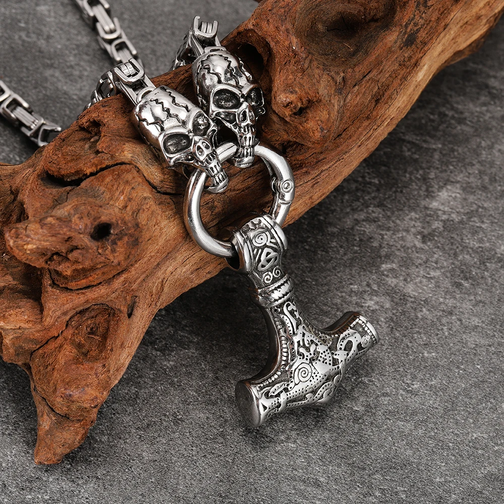 Men’s Viking Mjölnir necklace, Skeleton King chain with Norse Rune hammer pendant, vintage skeleton Norse mythology necklace