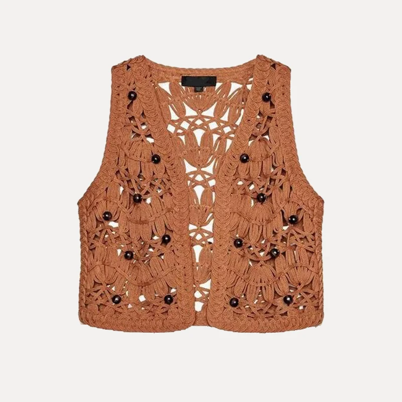 

Summer 2025 Knitted Casual Beaded Vest Women's Street Sle Straight Cut Polyester Fiber Single Piece Color Single Button