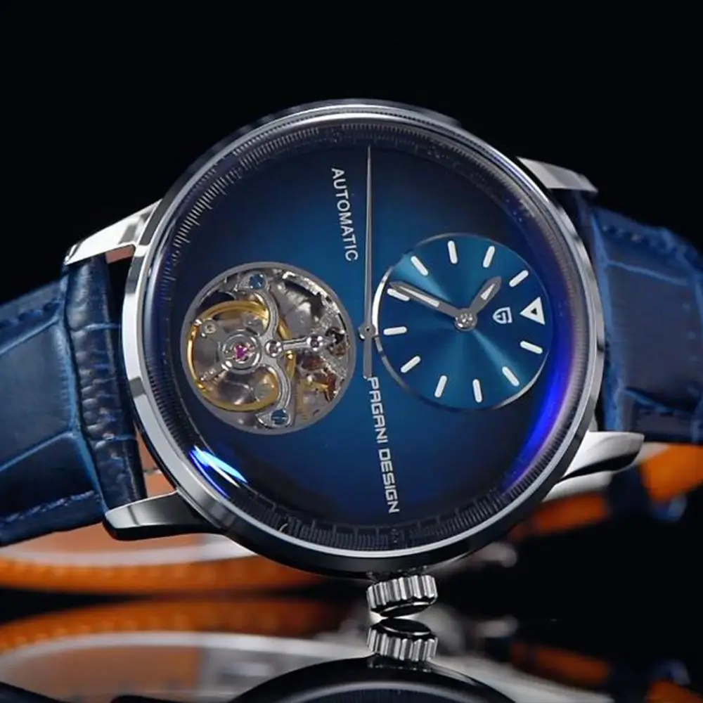 Reloj Mecánico PAGANI DESIGN 2025 de 42mm, reloj Tourbillon con movimiento automático, correa de cuero PU resistente al agua de 100m de acero inoxidable