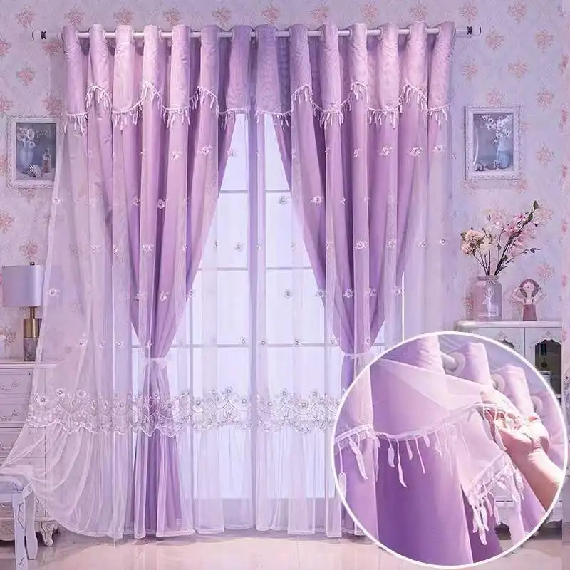 Nordic Princess Style Double-Layer Curtain with Lace Sheer and Valance, All-in-One Light Filtering for Romantic Girl's Bedroom