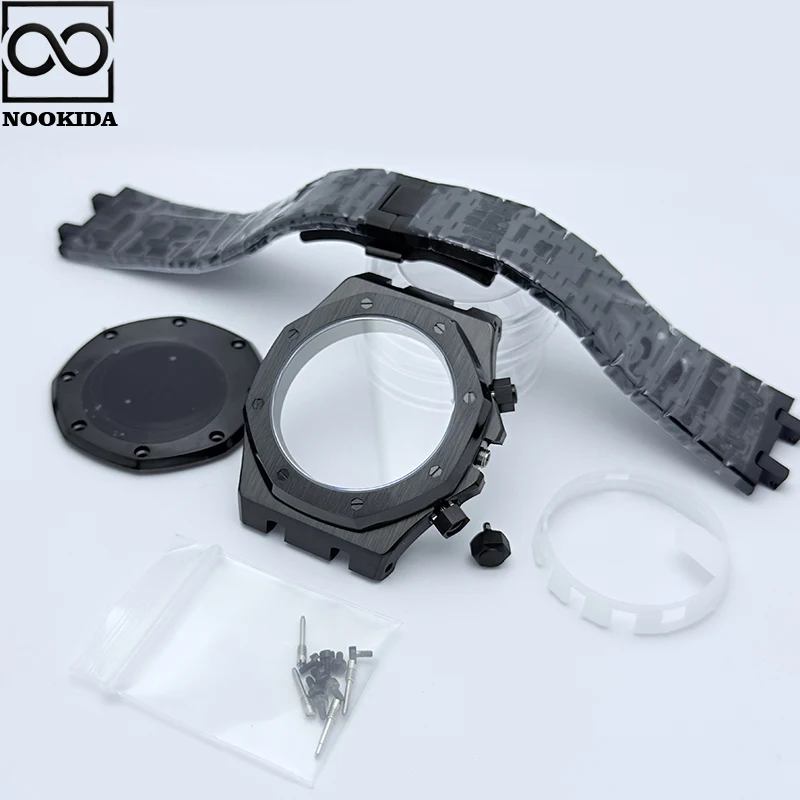 Nookida 42mm 316l aço inoxidável safira cristal caixa de relógio caber quartzo vk63 movimento relógio caso cinta peça reparo