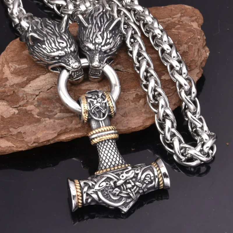 New Nordic Viking Rune Wolf Head Thor Hammer Pendant Necklace for Men's Best Jewelry Gift