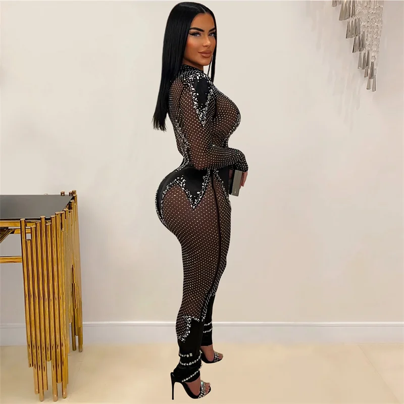 New 2024 Women Long Sleeve Black See Through Mesh Skinny Jumpsuit Rhinestone High Neck Sexy Night Club Party Jumpsuits Rompers