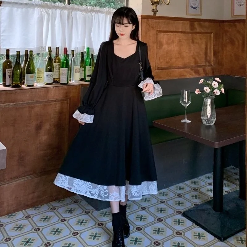 Long Sleeve Dress Women Elegant Ins Black All-match Fashion Spring M-4XL Square Collar Vintage Bandage Hepburn Patchwork Design