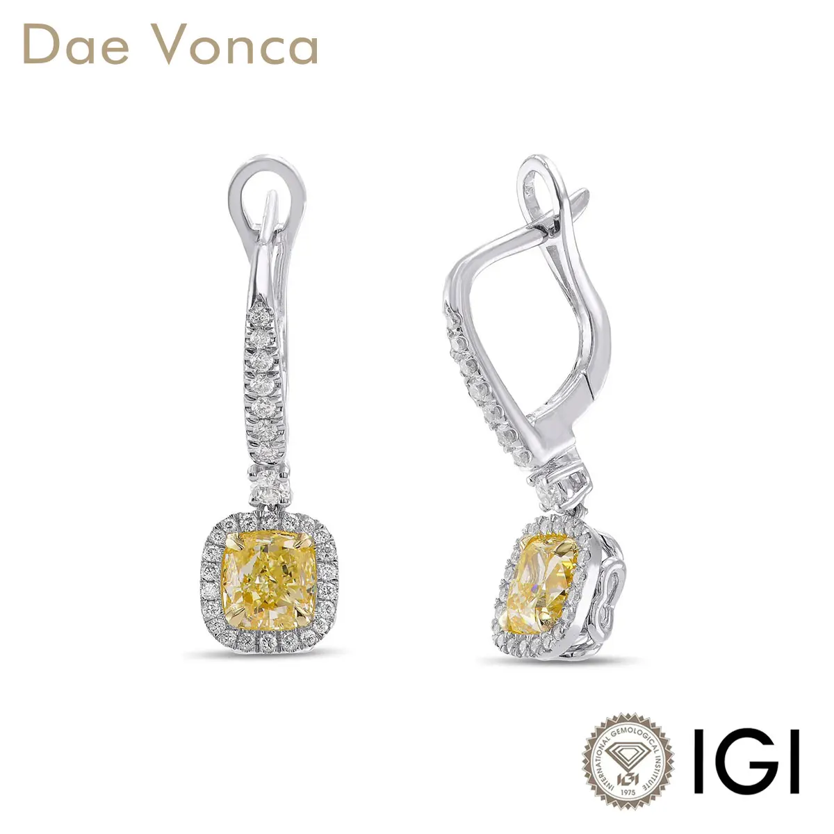 

PT950/14K/18K White & Yellow Gold Pave Halo Drop Earrings Fancy Yellow Cushion Lab Grown Diamond IGI Certified Diamond Earrings