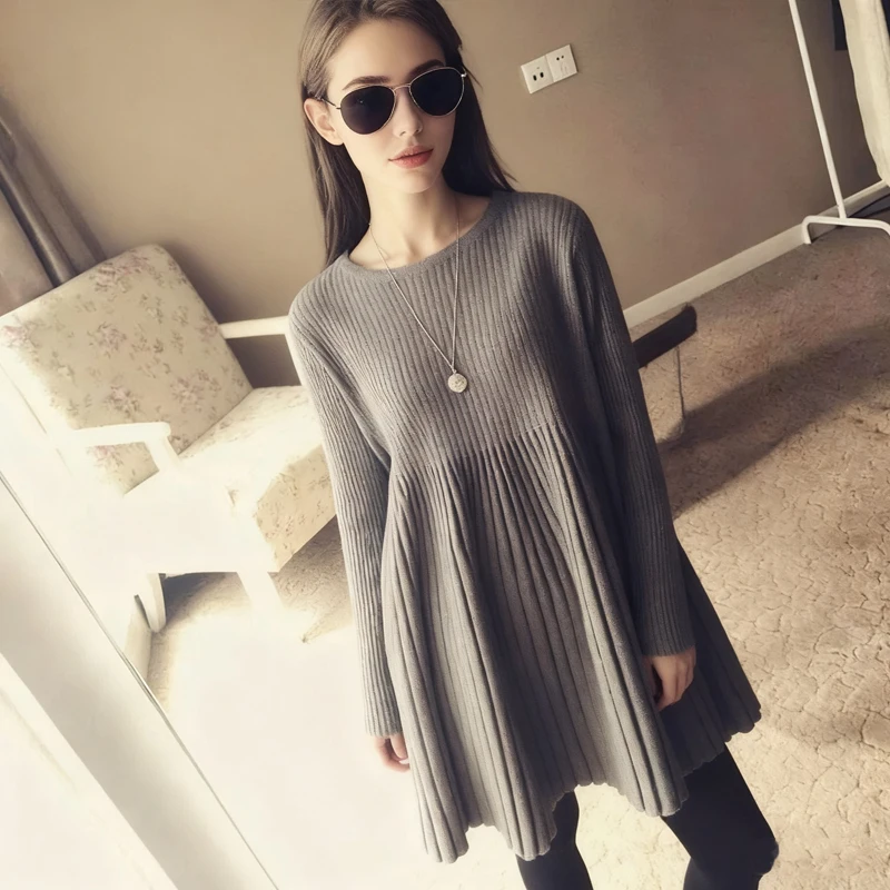 Jesienno-zimowa sukienka swetrowa z długim rękawem, nowa damska sukienka typu pulower, codzienna krótka sukienka w kształcie litery A, elegancka plisowana luźna odzież.