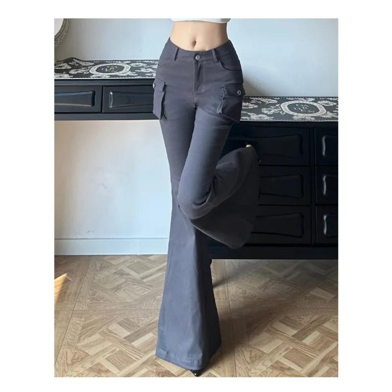 Office Ladies High Waist Hip Slightly Flared Pants Autumn and Winter New Casual Women's Gray Side Pocket Tooling Flare Trousers