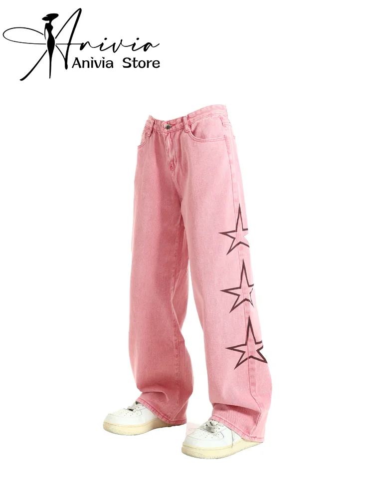 

Large Star Jeans for Women Y2K Design Sense Thin Loose American Vintage Dirty Pink High Street Straight Leg Wide Leg Pants