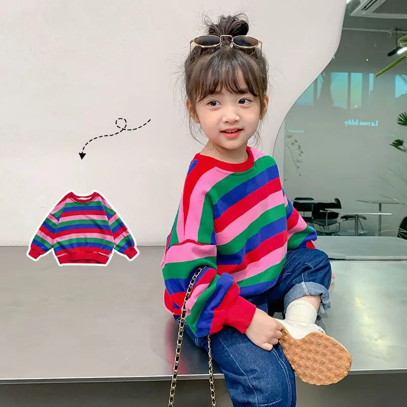 RAISE Autumn Kids Girls Sweatshirts Ins Colorful Striped Children Girls Pullovers Round Collar 2-10Yrs Toddler Girl Long Sleeves