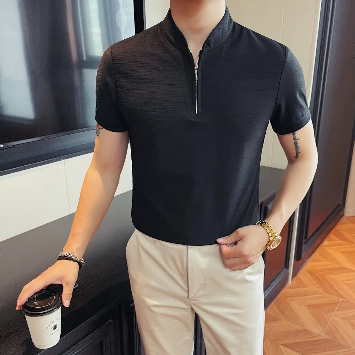 2026 New Men's Stand Up Collar Solid Color Short Sleeved Polo Shirt Summer Casual Fashion Zipper Versatile Slim Fit T Shirt