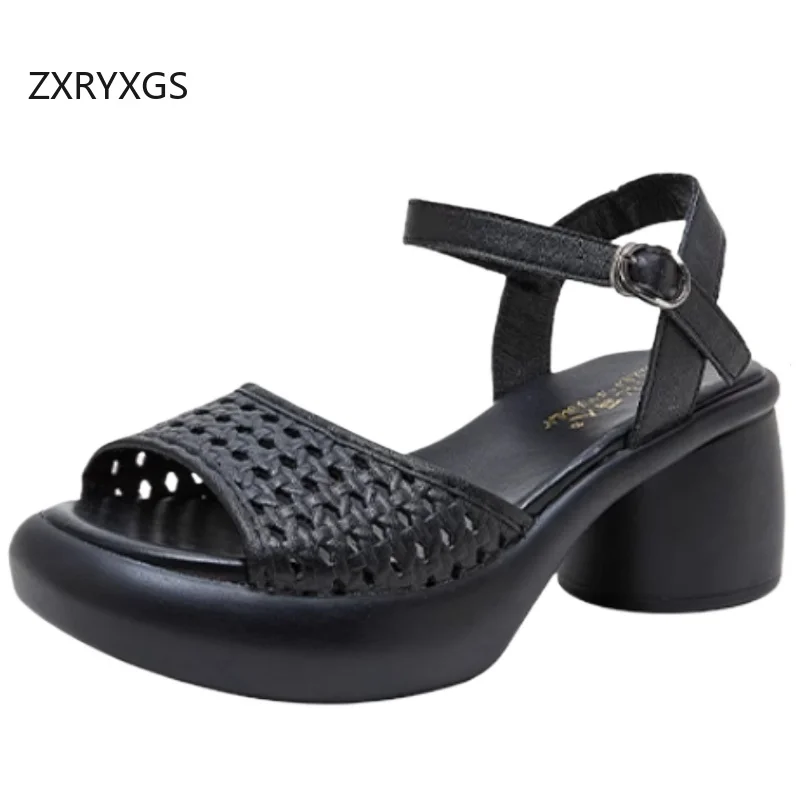 

ZXRYXGS сандалии премиум-класса из натуральной кожи с открытым носком, модные элегантные босоножки на высоком каблуке, лето 2021, женские римские сандалии