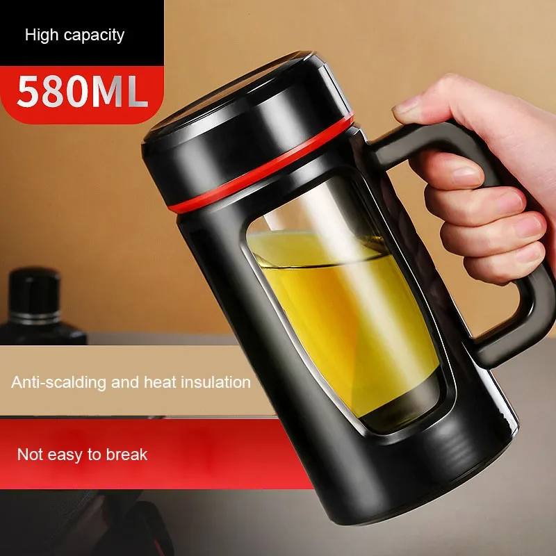 Glass Water Bottle Borosilicate Glass Coffee Mug Home Insulated Office Cup with Handgrip Travel Mug Tea Infuser Filter Water Cup