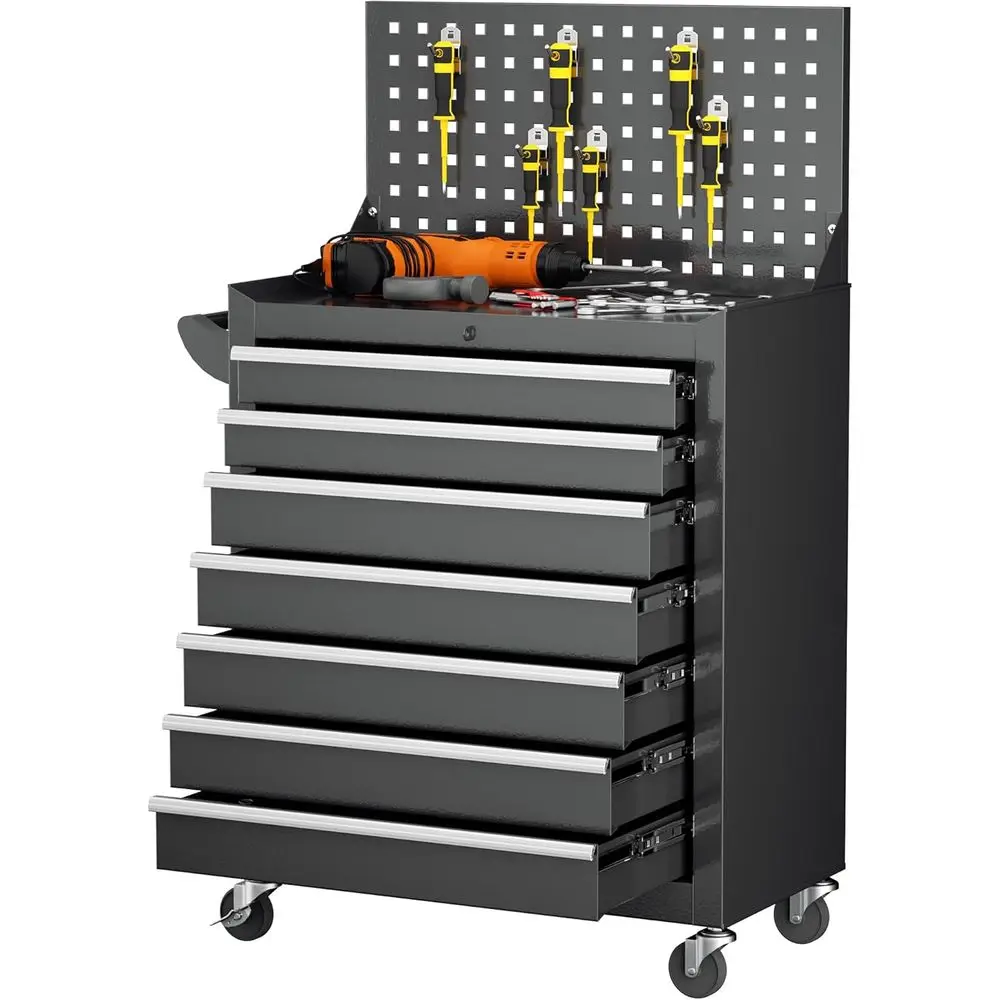 

Black Rolling Tool Chest with 7 Drawers and Pegboard for Garage and Workshop Storage