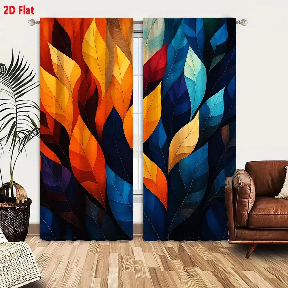 2Pcs Curtains 2D Flat Vibrant Abstract Leaves Geometric Low Poly Warm Autumn And Cool Blue Flowing Current Window Drapes for Bed