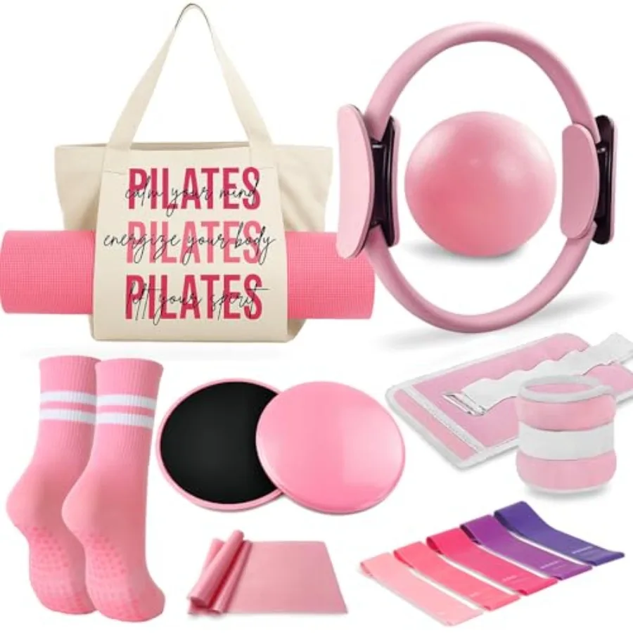 Pilates Essentials Kit for Women with Pilates Ring and Ball Set Resistance Band Set Yoga Mat Bag Ankle Weights Pilates Workout