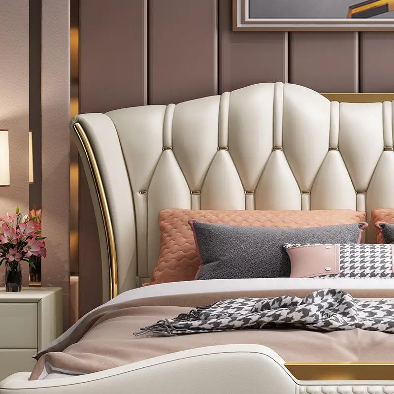 سرير جلدي فاخر خفيف غرفة نوم رئيسية مزدوجة 1.8 متر سرير كبير تخزين الشمال سرير الزفاف أثاث غرفة نوم #4