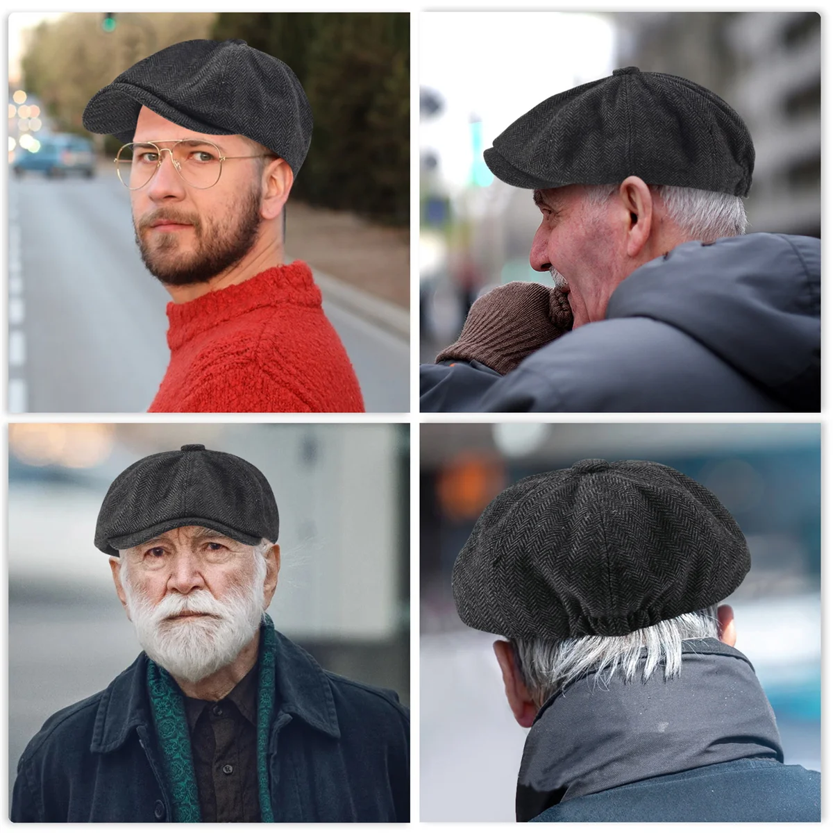 FZFZ ผู้ชาย Beret Vintage Herringbone หมวก Newsboy Beret หมวกฤดูใบไม้ผลิแบนหมวก Beret สีเทาเข้ม