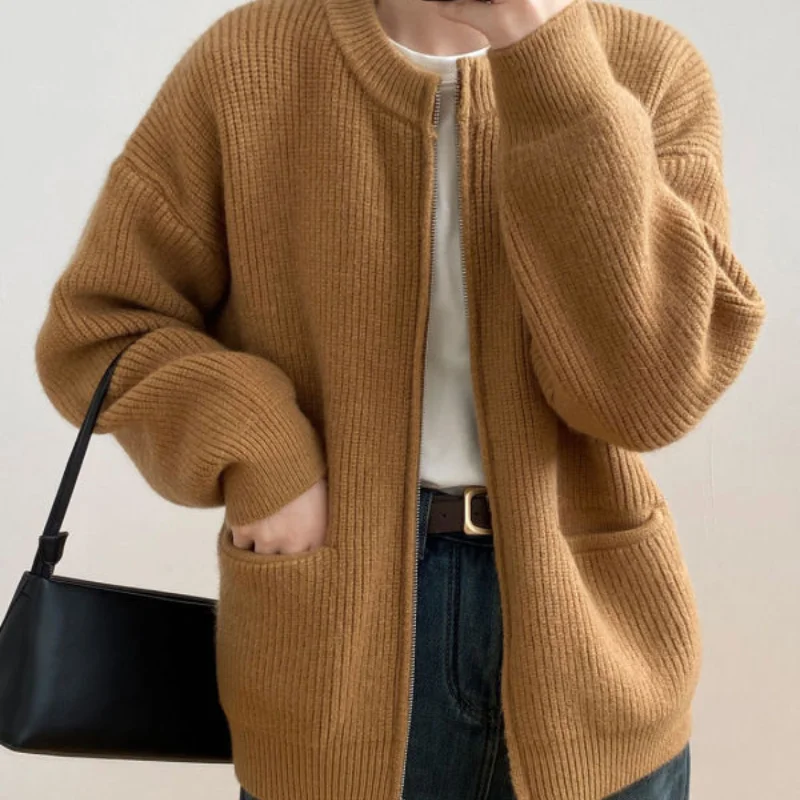 Soft Glutinous Retro Lazy Style Pit Stripe Double Zipper Knitted Cardigan for Women's Spring Autumn Solid Color Loose Sweater