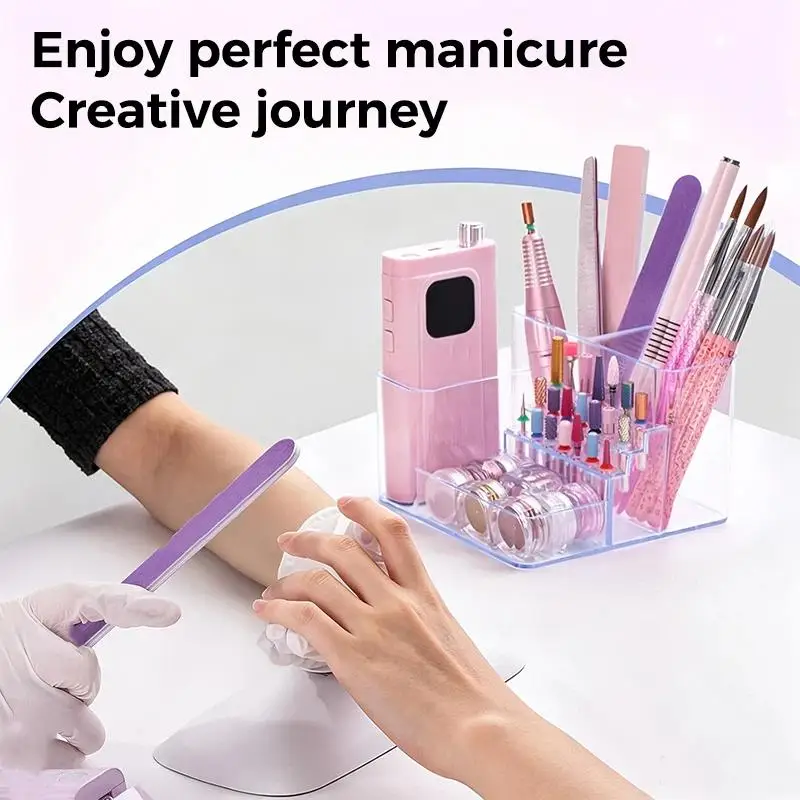[1Pc]Multi Compartment Nail Drill Bit Organizer Case For Nail Salon Desktop Manicure Accessory Plastic Nail Art Tool Storage Box - view 4