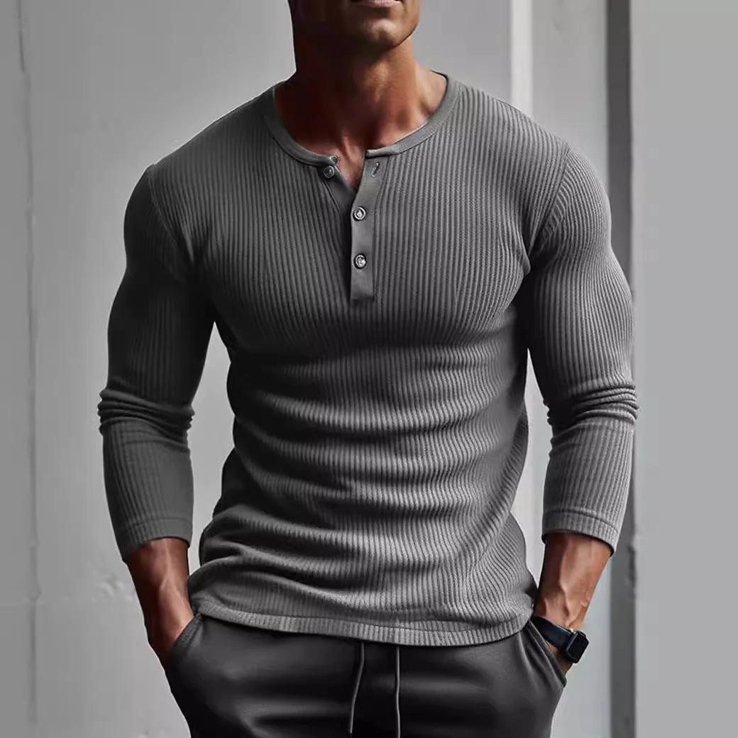 Primavera New tinta unita Fit t-shirt manica lunga collo da uomo cappotto sportivo traspirante cotone a righe Casual manica lunga