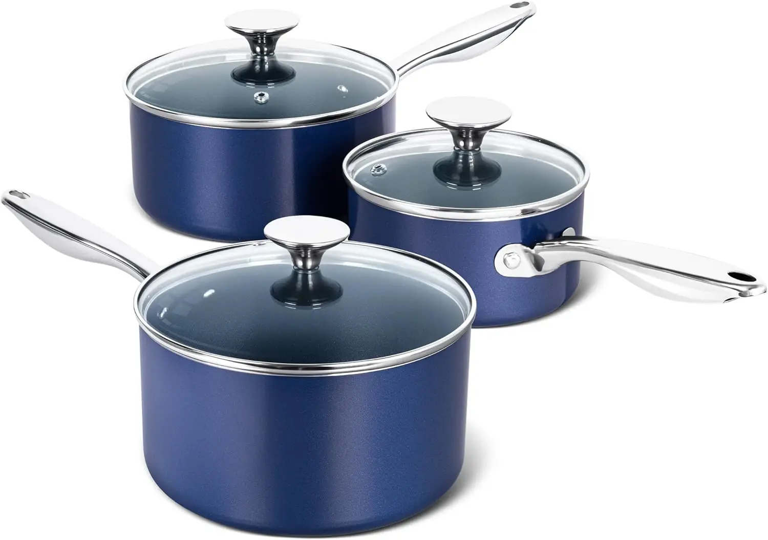

Ceramic Saucepan Set with Lids, 1Qt 2Qt 3Qt Nonstick Pots, Oven Safe Blue Cookware, Stainless Steel Handle