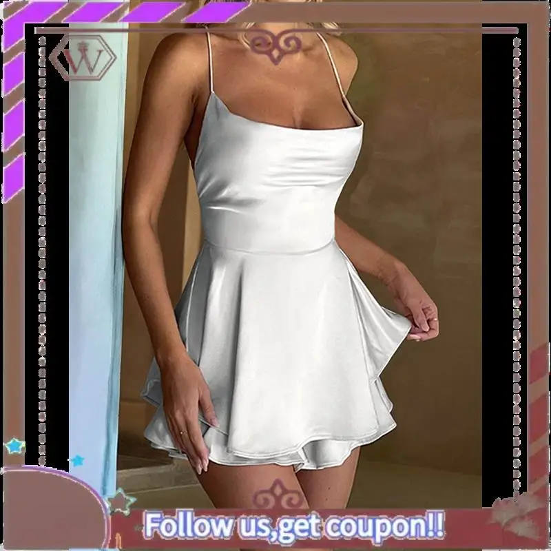 A95D-여성용 우아한 새틴 A라인 여름 민소매 밴디지 백 스파게티 스트랩 티어드 점프수트