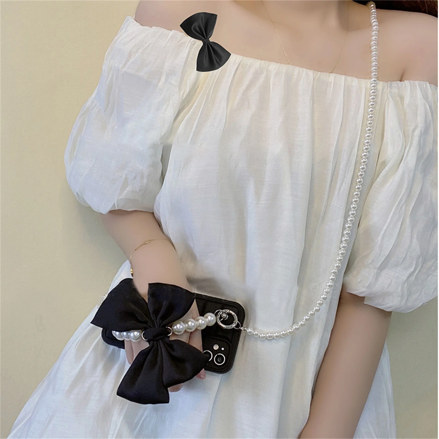 Korean Crossbody Lanyard Necklace Pearl Bow Bracelet Chain Lattice Black Case for iPhone 11 12 13 14 Pro Max XR X XS Back Cover