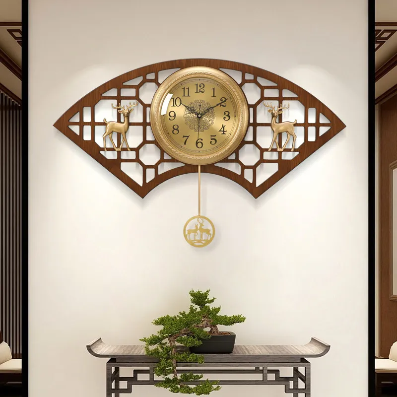 Fan-shaped new Chinese-style clock wall clock living room household light luxury brass silent watch atmospheric clock wall