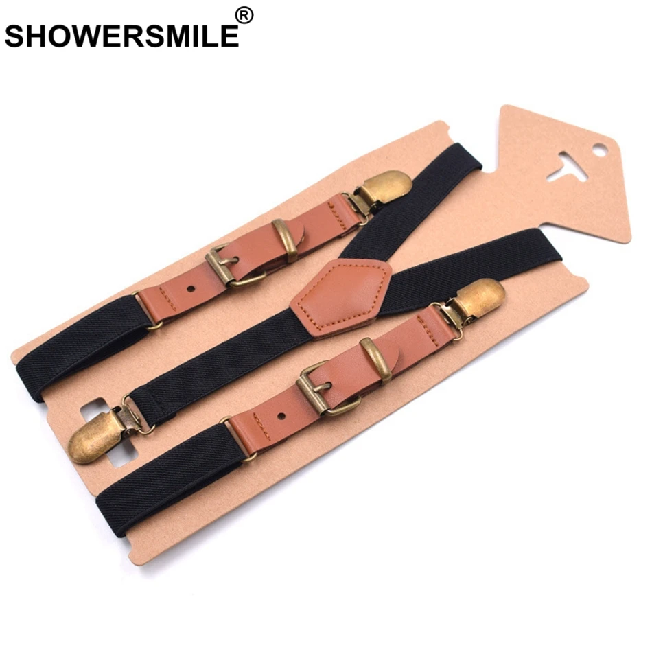 SHOWERSMILE Men\'s Leather Suspenders Blue Man Braces For Trousers Y Back Women\'s Wedding Business Pants Strap with 3 Clips 115cm