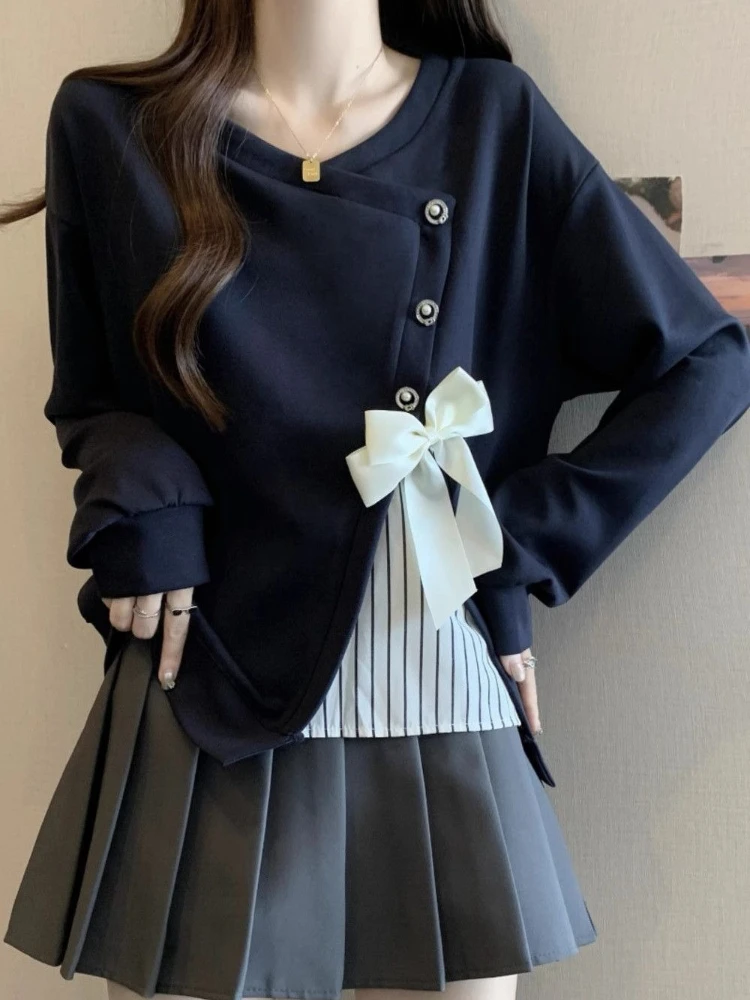 

Spring And Autumn Sweatshirt For Women Bow Aesthetic Long Sleeve Korean Fashion Matching Cotton Emo Splicing Woman Pullover Tops