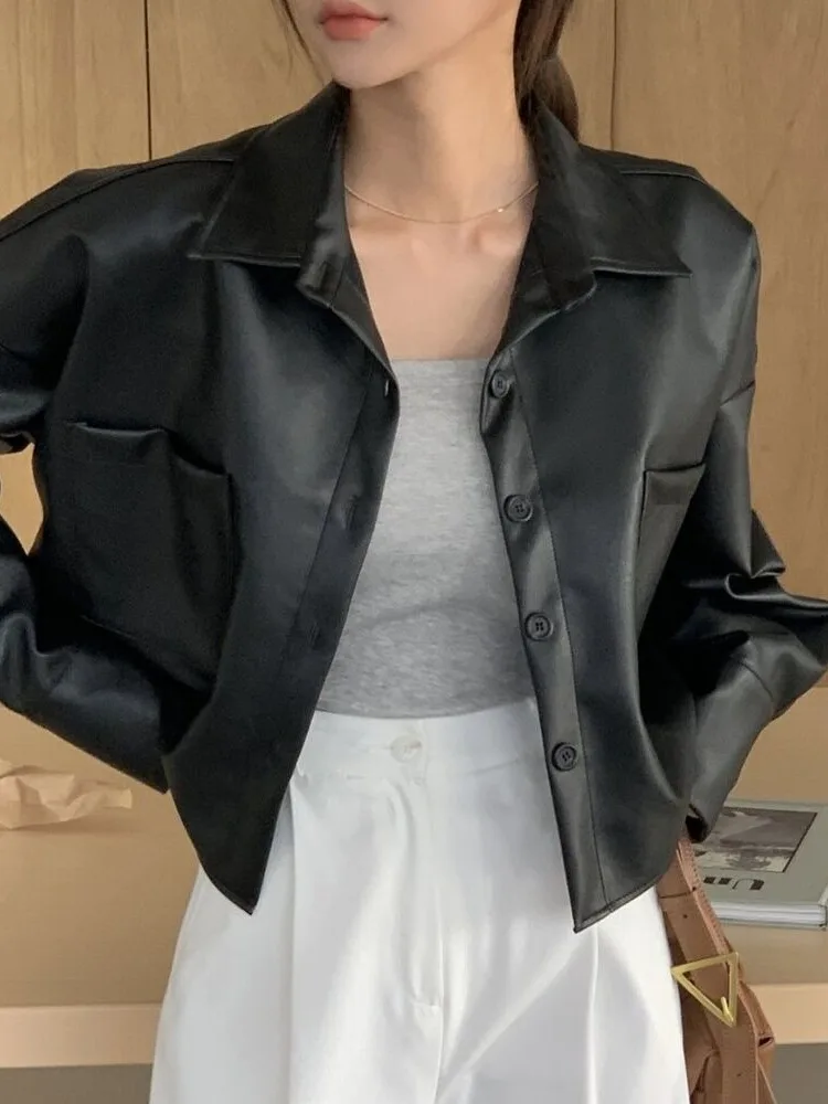 

Стильная весенняя модная простая кожаная куртка с одной пуговицей в стиле ретро, универсальная повседневная рубашка-жакет, женская одежда в корейском стиле