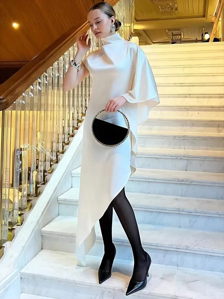 

Mozision Satin Sleeveless Irregular Sexy Maxi Dress Women Fashion Turtleneck Party Long Dresses Female Elegant Club Long Dresses