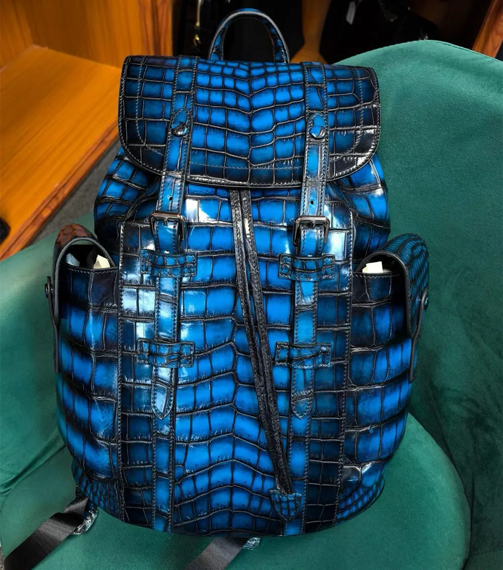 

Exotic style authentic crocodile leather men's backpack large capacity designer retro unisex casual travel backpack