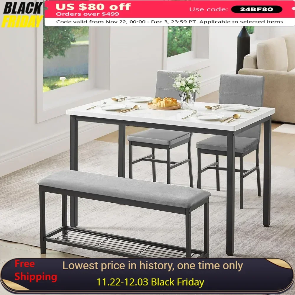 

Dining Table Set for 4, 47.3-Inch Faux Marble Tables with Velvet Upholstered Bench & Chair, 5-Piece Modern Dining Room Table Set