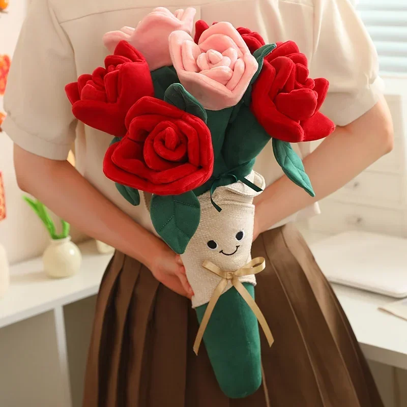 Fun Romantic Red Rose Bouquet Doll Plush Toy Heart Holding Flower Doll Creative Bouquet Home Decoration Valentine's Day Gift