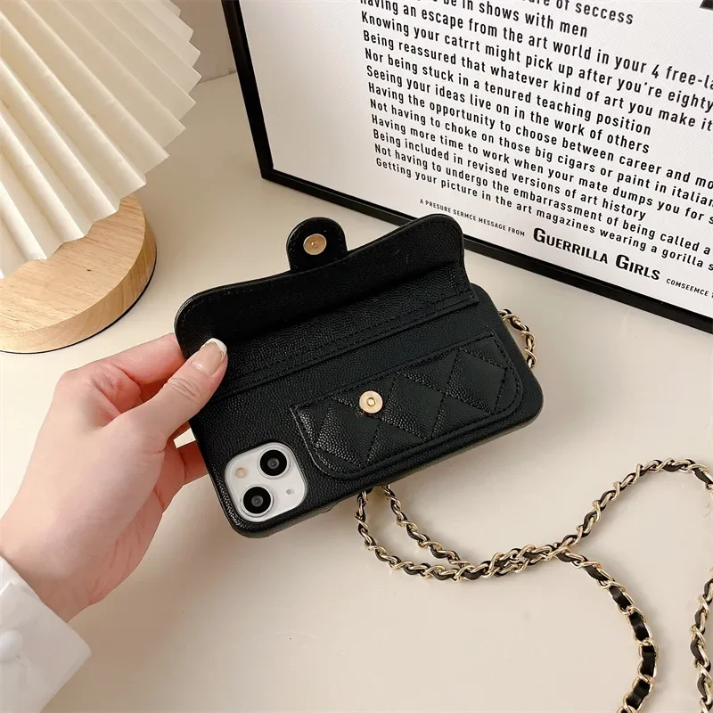 Luxury Leather Crossbody Chain Lanyard Phone Case For iPhone 15 Pro 14 Pro 11 12 13 Pro Max Cover Shockproof Cases Cute Card Bag