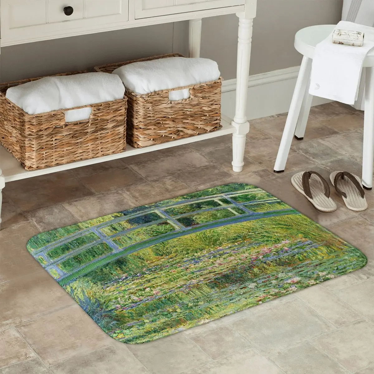Monet Water Lily Bridge Art Rug Impressionist Style Floor Mat for Living Room Home Decor