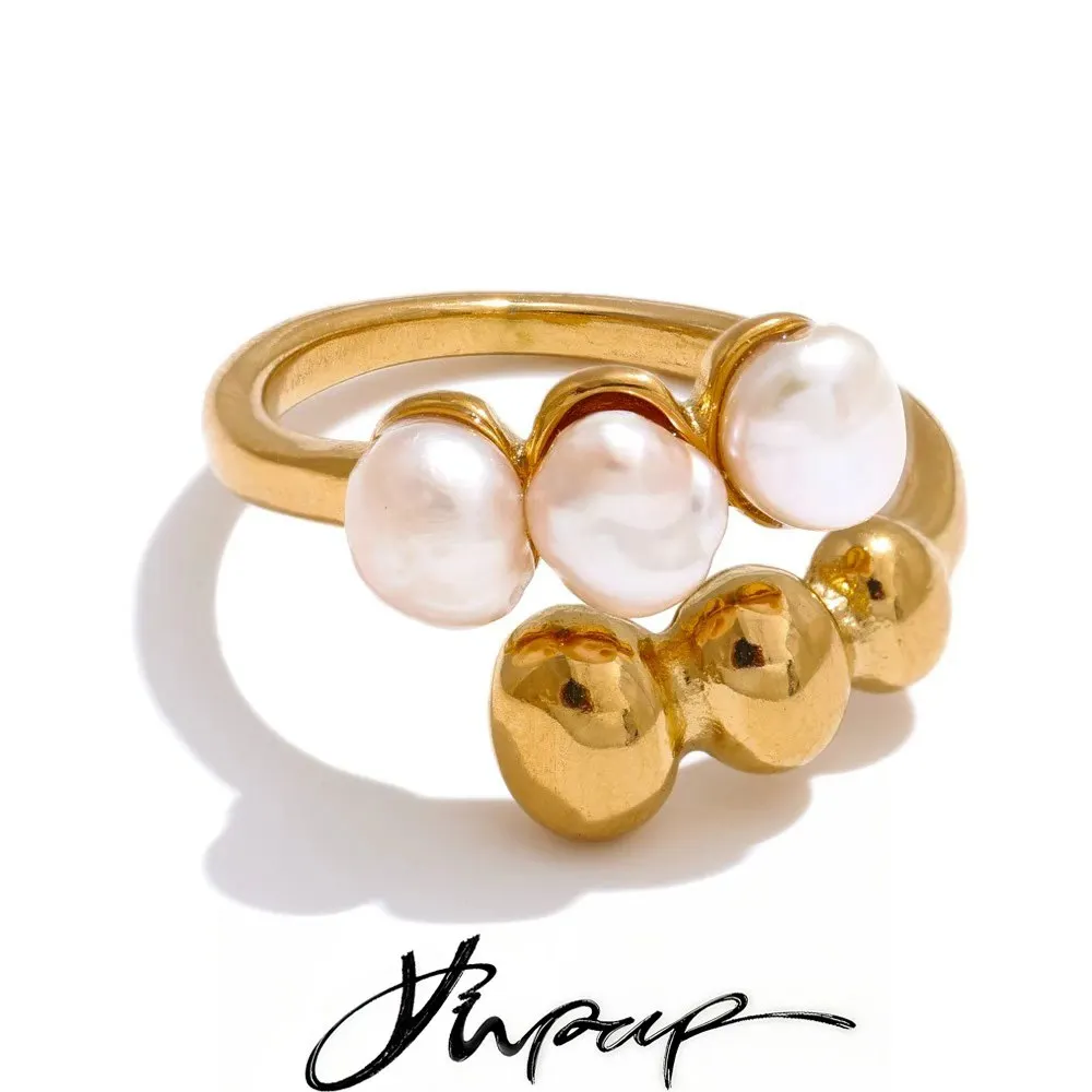 Yhpup Natural Freshwater Pearl High Quality Adjustable Embrace Ring for Women Stainless Steel Charm Fashion Jewelry Gift