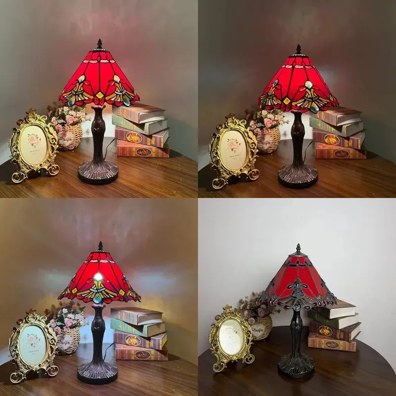 LongHuiJing Mediterranean style LED desk lamp, blue stained glass lampshade 30cm, AC powered E26 base living room bedside
