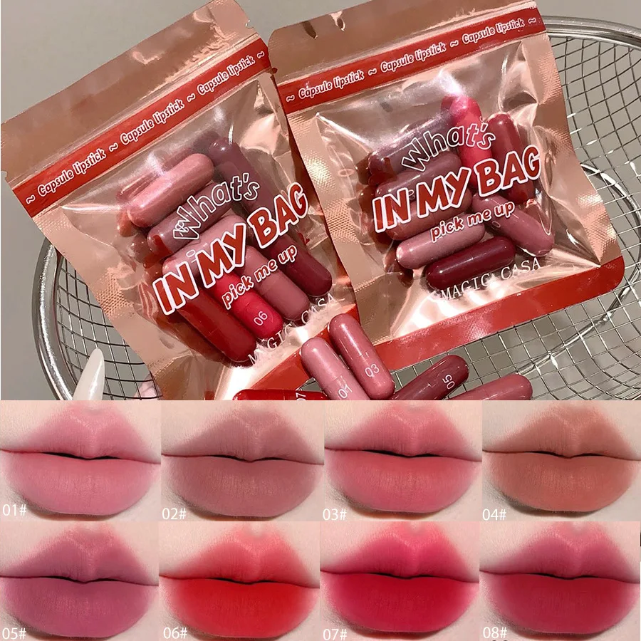 8-Color Lipstick Capsule Set Mini matte lipsticks that deliver natural color, long-lasting wear, and are transfer-resistant