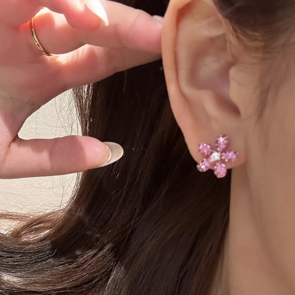 Sweet Candy Colors Pink Green Blue Orange Flower Ear Stud 18K Gold Plated Floral Crystal Zircons Earrings Student Girl's Jewelry