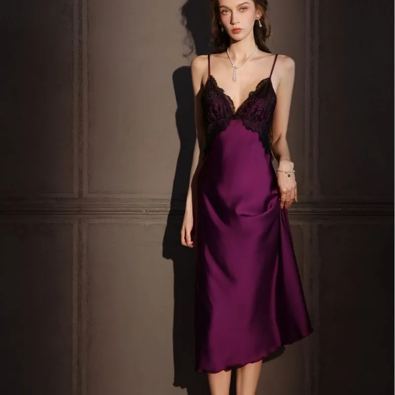 

Sexy Sleepwear Women's Ice Silk Thin Style with Chest Cushion Long Style Over The Knee Suspender Nightgown Backless Home Wear