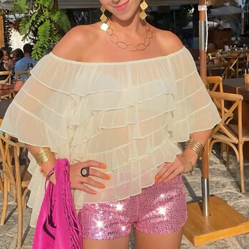 

2026 Women's Ruffle Layered Sheer Poncho Capes Loose See Through Blouse Off Shoulder Y2k Shirt Irregular Hem Cover-up Tops