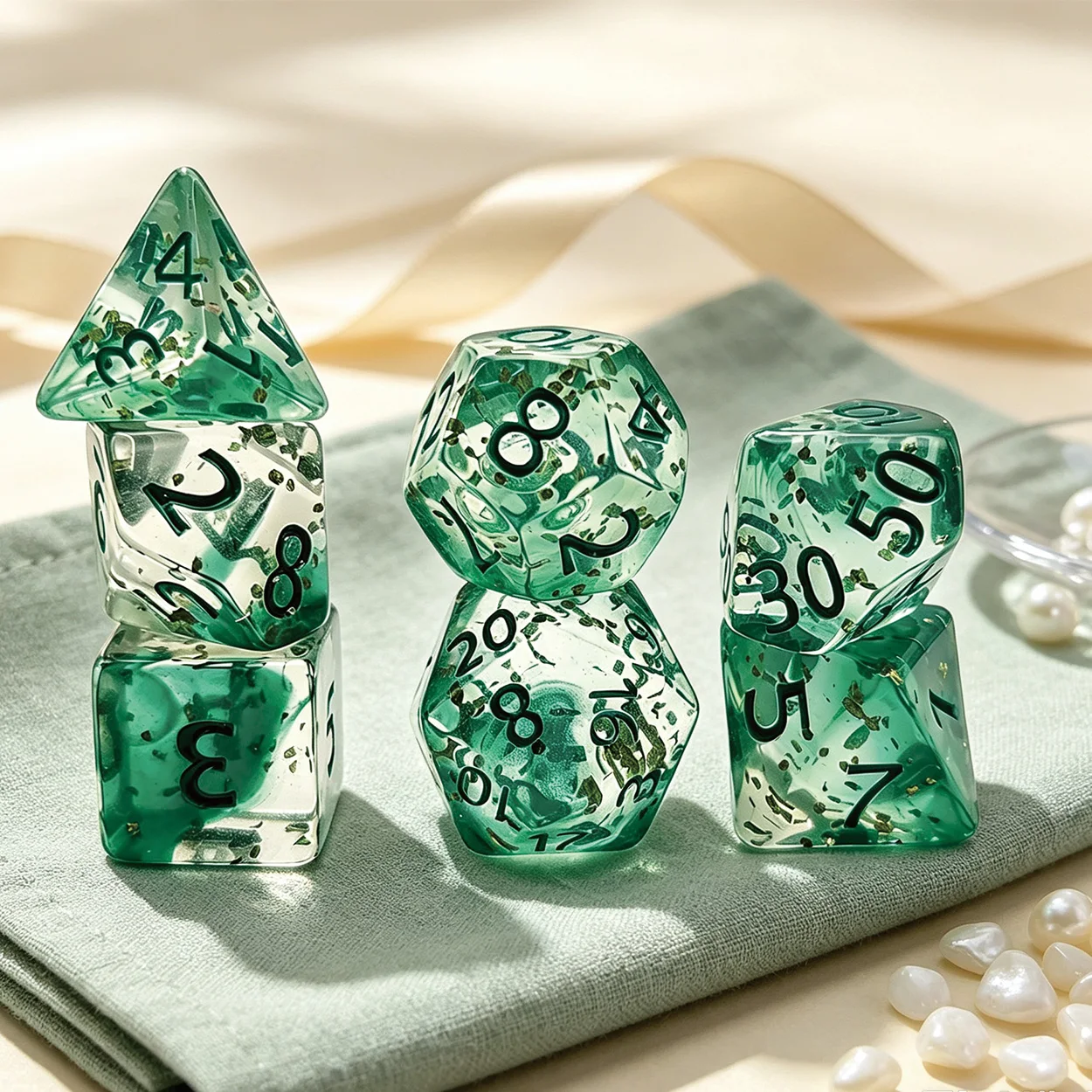 A set of 7 gradient-dyed, uniquely textured, embedded with red glitter, crystal-clear acrylic polyhedral dice, a holiday/birthday gift for board game enthusiasts