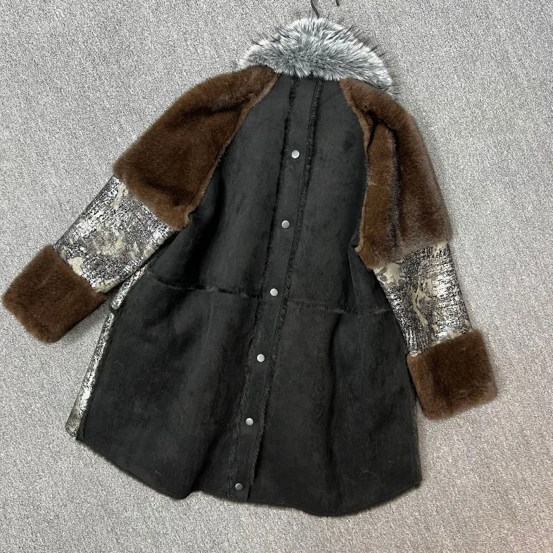 Winter New Long Thickened Sheepskin V-Neck Horn Button Furry Coat Ladies Korean Style Loose Slimming Faux Fur Overcoat For Women